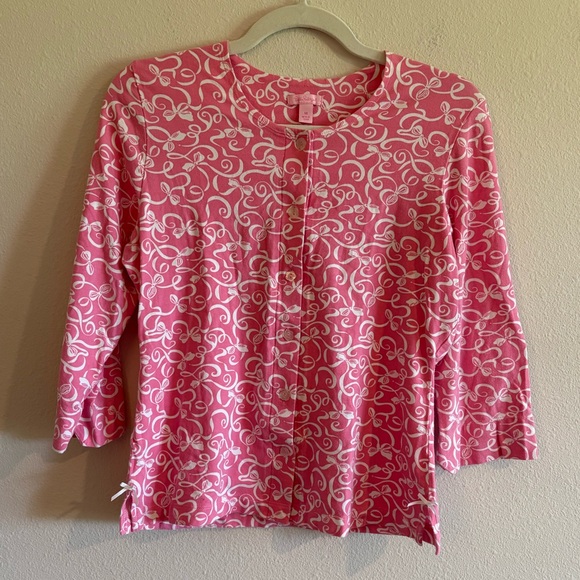 Lilly Pulitzer 2-Piece Pajama Set Buttondown Top & Pants Women Medium Pink Bows - Picture 2 of 9